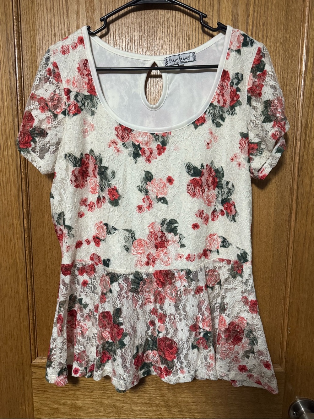 Crave Fame White Lace Peplum Top with Red Rose Print